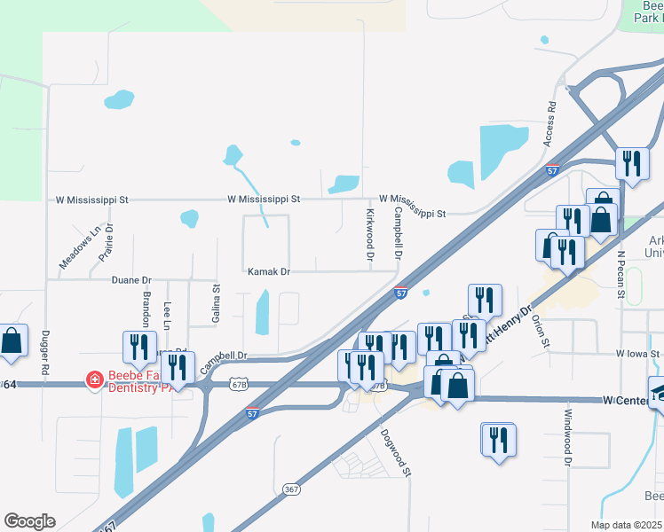 map of restaurants, bars, coffee shops, grocery stores, and more near 1902 Kamak Drive in Beebe