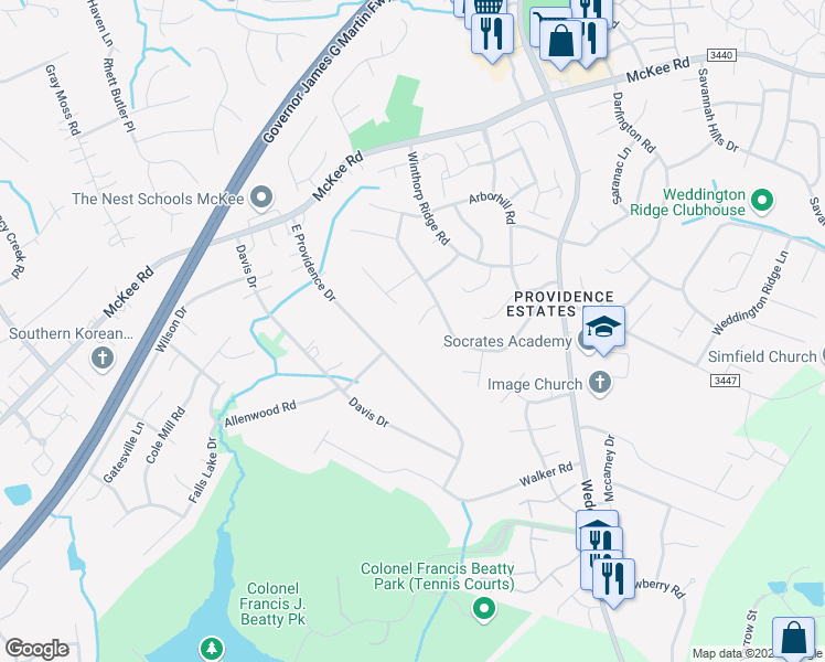 map of restaurants, bars, coffee shops, grocery stores, and more near 2828 Yorkview Court in Charlotte