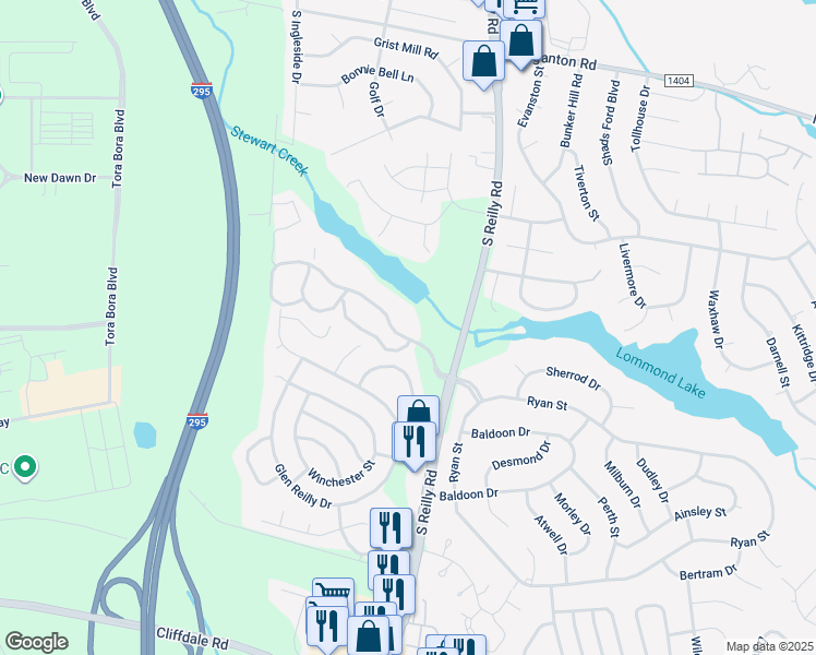 map of restaurants, bars, coffee shops, grocery stores, and more near 6720 Willowbrook Drive in Fayetteville