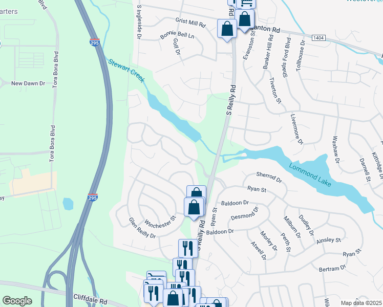 map of restaurants, bars, coffee shops, grocery stores, and more near 6732 Willowbrook Drive in Fayetteville