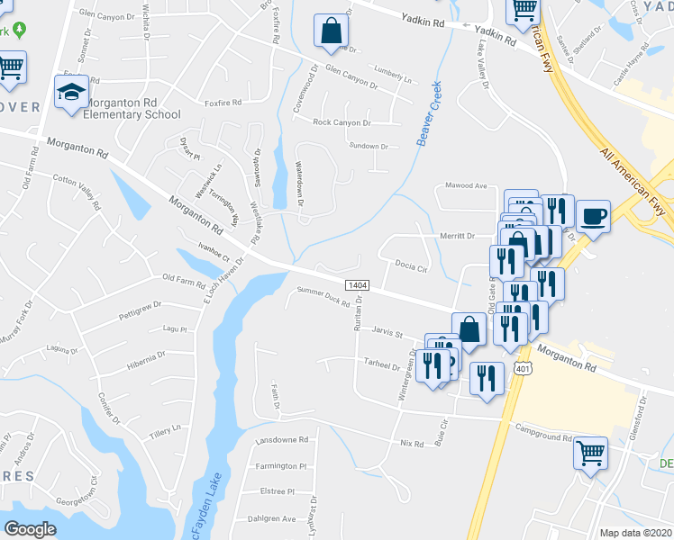 map of restaurants, bars, coffee shops, grocery stores, and more near 5440 Basking Ridge Drive in Fayetteville