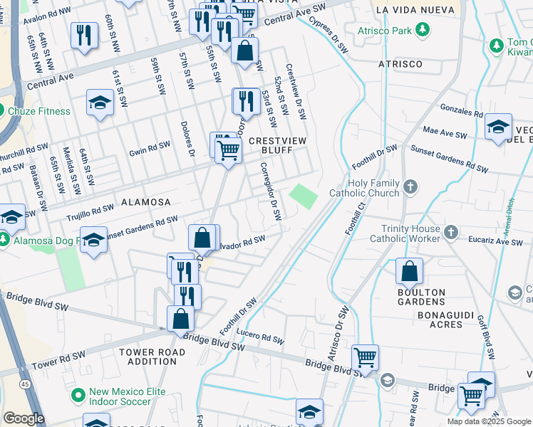map of restaurants, bars, coffee shops, grocery stores, and more near 709 Los Viejos Drive Southwest in Albuquerque