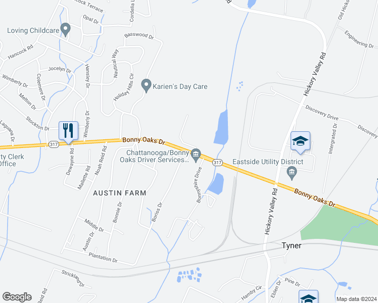 map of restaurants, bars, coffee shops, grocery stores, and more near 6503 Bonny Oaks Drive in Chattanooga