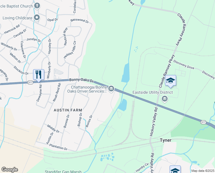 map of restaurants, bars, coffee shops, grocery stores, and more near 6503 Bonny Oaks Drive in Chattanooga