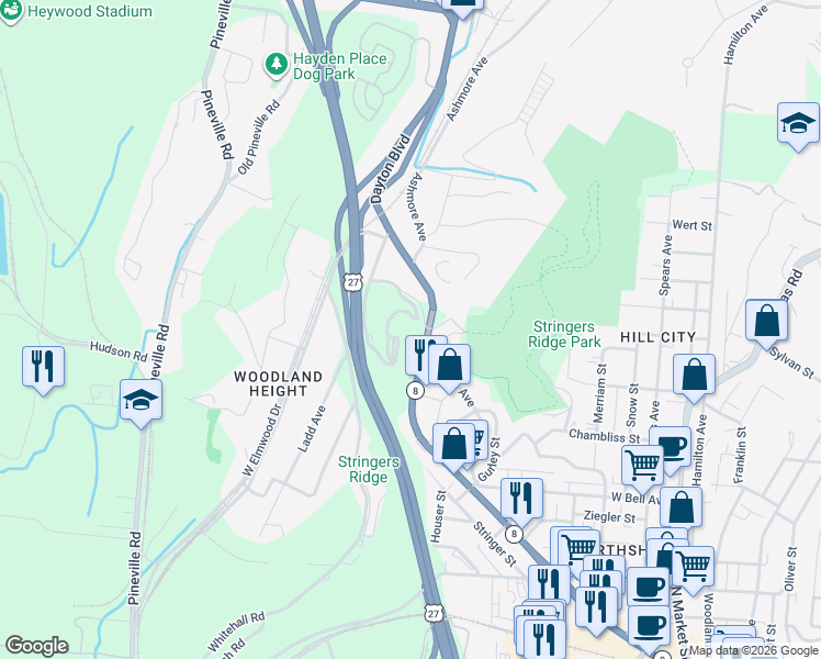 map of restaurants, bars, coffee shops, grocery stores, and more near 900 Whitehall Road in Chattanooga