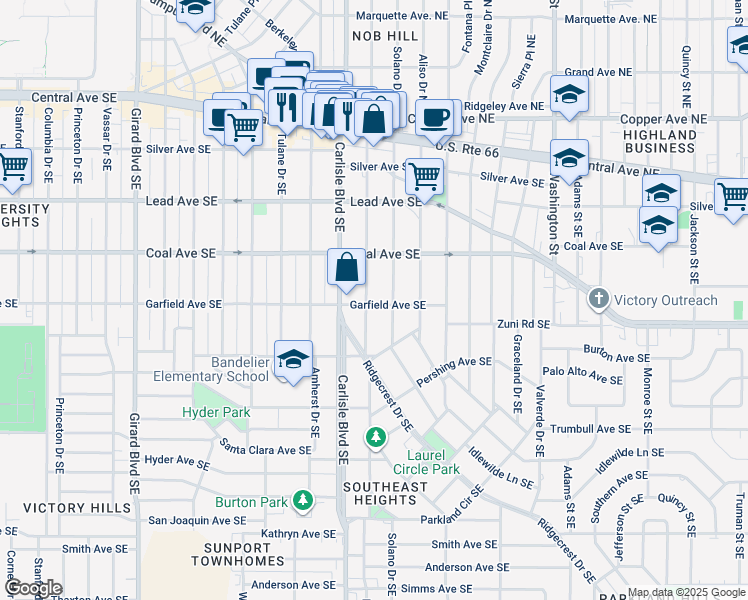 map of restaurants, bars, coffee shops, grocery stores, and more near 413 Hermosa Drive Southeast in Albuquerque