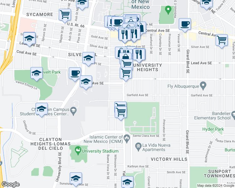map of restaurants, bars, coffee shops, grocery stores, and more near 2120 Coal Avenue Southeast in Albuquerque