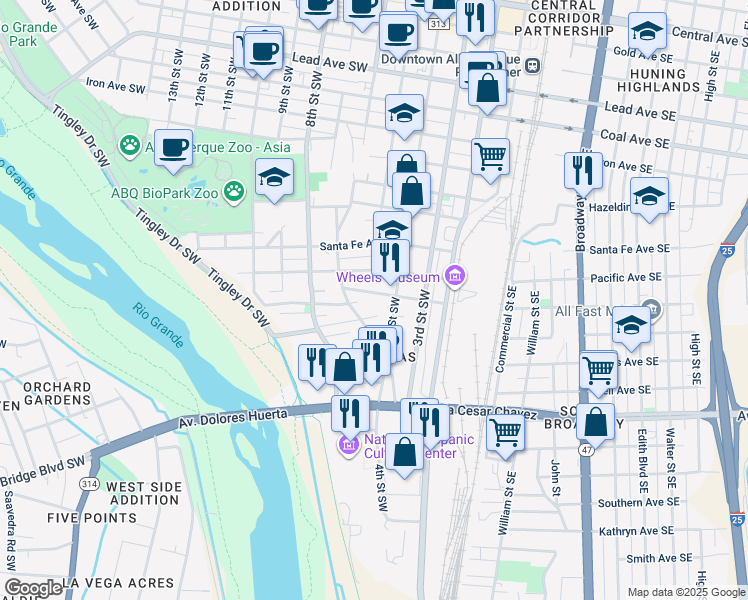 map of restaurants, bars, coffee shops, grocery stores, and more near 420 Pacific Avenue Southwest in Albuquerque