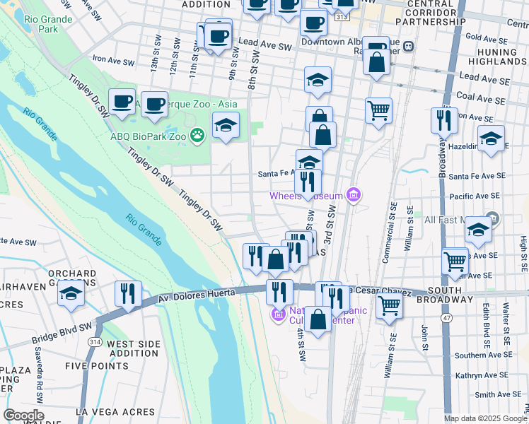 map of restaurants, bars, coffee shops, grocery stores, and more near 1102 Barelas Road Southwest in Albuquerque