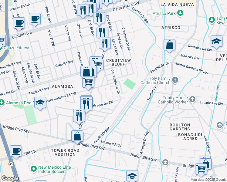 map of restaurants, bars, coffee shops, grocery stores, and more near 709 Los Viejos Drive Southwest in Albuquerque