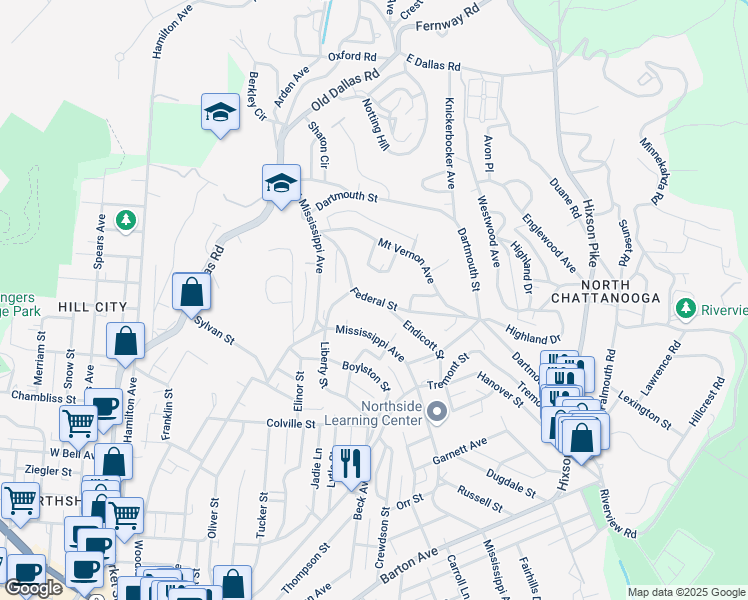 map of restaurants, bars, coffee shops, grocery stores, and more near 810 Mount Vernon Circle in Chattanooga