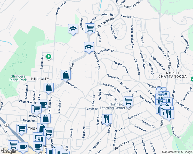 map of restaurants, bars, coffee shops, grocery stores, and more near 1121 West Mississippi Avenue in Chattanooga