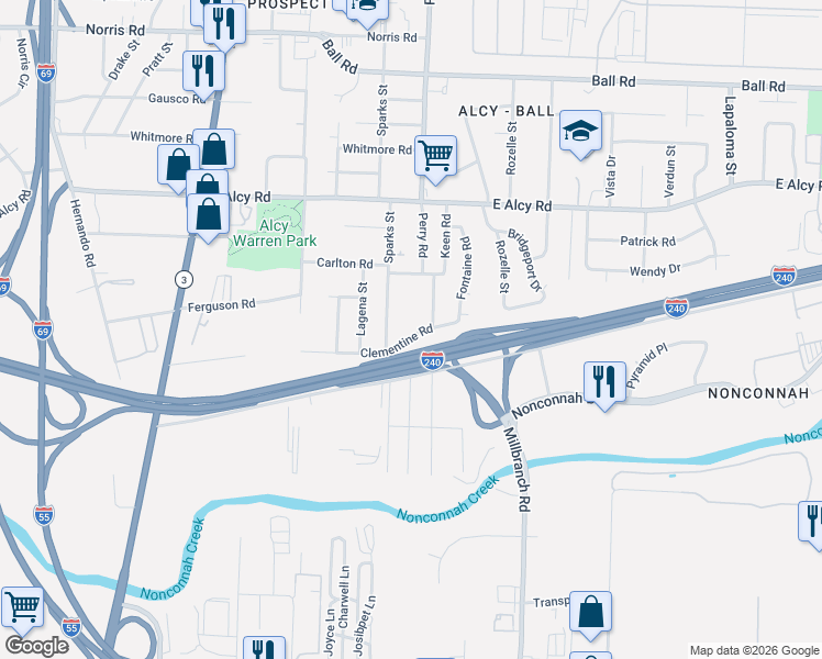 map of restaurants, bars, coffee shops, grocery stores, and more near 2586 Sparks Street in Memphis