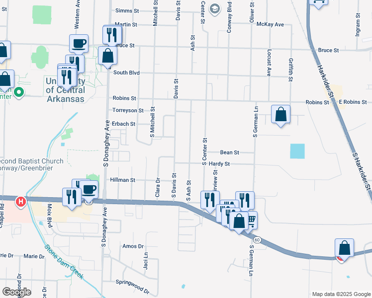 map of restaurants, bars, coffee shops, grocery stores, and more near 400 South Davis Street in Conway