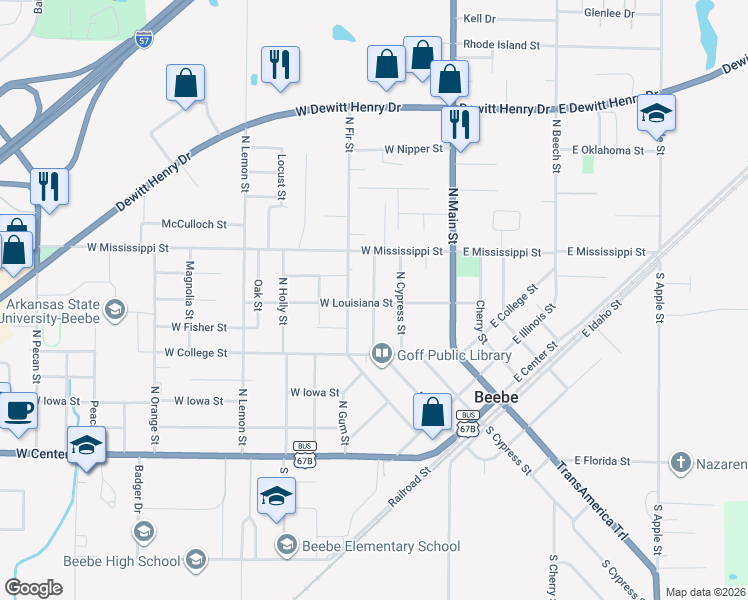 map of restaurants, bars, coffee shops, grocery stores, and more near 707 Elm Street North in Beebe