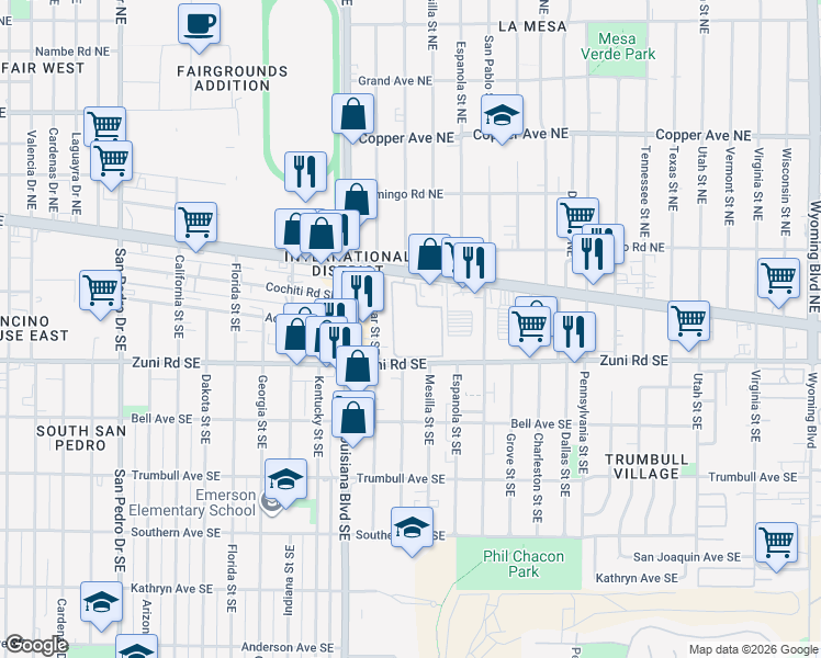 map of restaurants, bars, coffee shops, grocery stores, and more near 216 Alcazar Street Southeast in Albuquerque