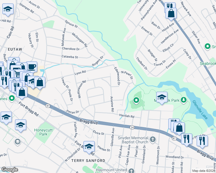 map of restaurants, bars, coffee shops, grocery stores, and more near 1008 Anarine Road in Fayetteville