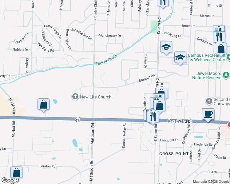 map of restaurants, bars, coffee shops, grocery stores, and more near 3103 West Ridge Drive in Conway