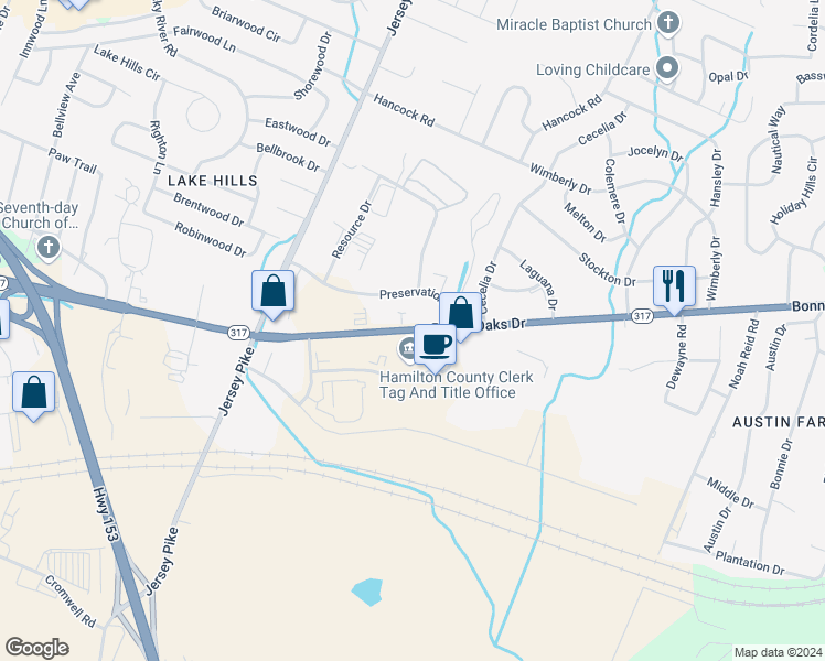 map of restaurants, bars, coffee shops, grocery stores, and more near 5424 Bonny Oaks Drive in Chattanooga