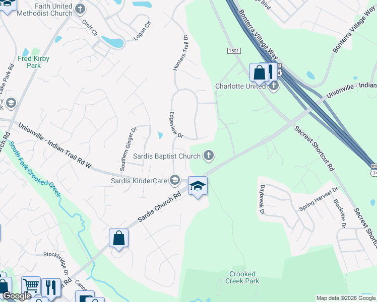 map of restaurants, bars, coffee shops, grocery stores, and more near 3909 Laurel View Circle in Indian Trail