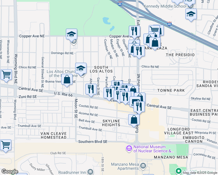 map of restaurants, bars, coffee shops, grocery stores, and more near 143 Conchas Street Northeast in Albuquerque