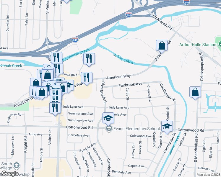 map of restaurants, bars, coffee shops, grocery stores, and more near 4960 Fairbrook Avenue in Memphis