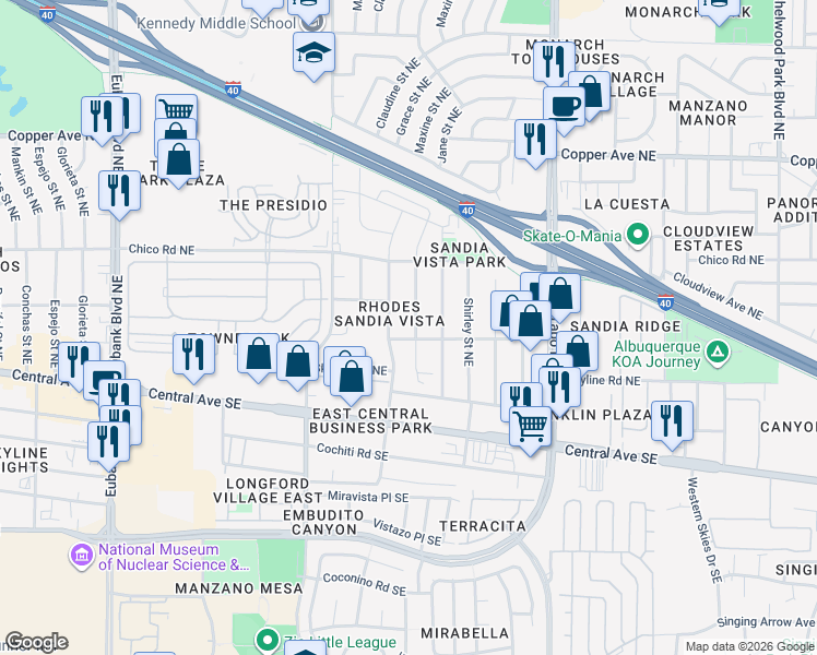 map of restaurants, bars, coffee shops, grocery stores, and more near 421 Martha Street Northeast in Albuquerque
