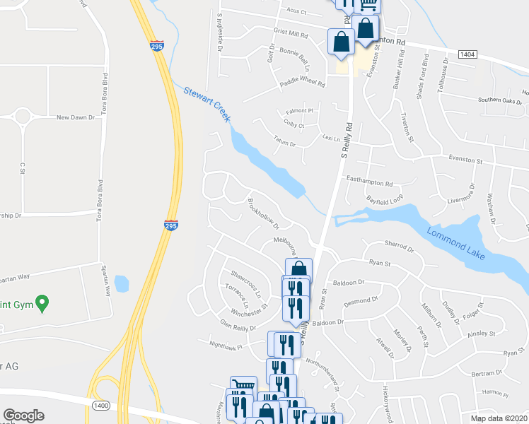 map of restaurants, bars, coffee shops, grocery stores, and more near 1010 Brookhollow Drive in Fayetteville
