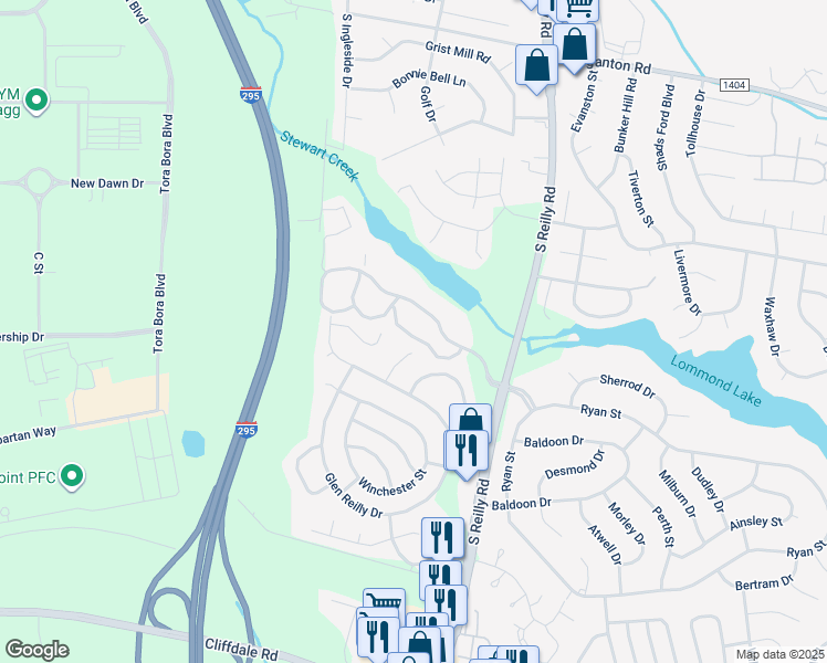 map of restaurants, bars, coffee shops, grocery stores, and more near 1010 Brookhollow Drive in Fayetteville