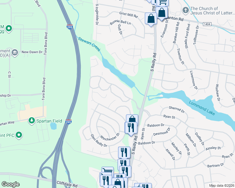map of restaurants, bars, coffee shops, grocery stores, and more near 1022 Brookhollow Drive in Fayetteville