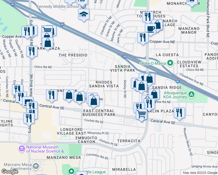 map of restaurants, bars, coffee shops, grocery stores, and more near 421 Martha Street Northeast in Albuquerque
