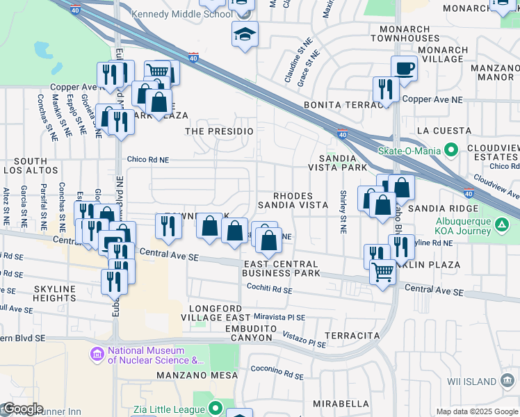 map of restaurants, bars, coffee shops, grocery stores, and more near 412 Seward Park Avenue Northeast in Albuquerque