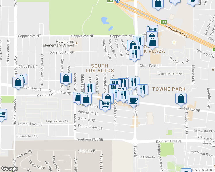 map of restaurants, bars, coffee shops, grocery stores, and more near 143 Conchas Street Northeast in Albuquerque