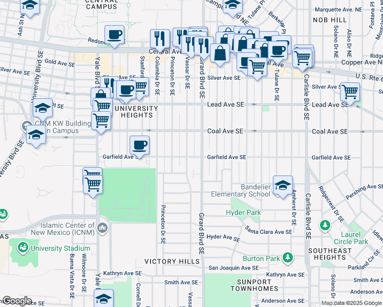 map of restaurants, bars, coffee shops, grocery stores, and more near 413 Girard Boulevard Northeast in Albuquerque