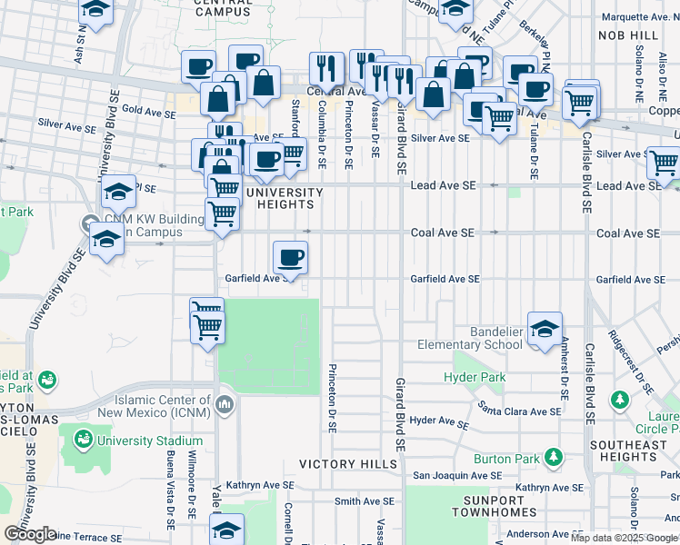 map of restaurants, bars, coffee shops, grocery stores, and more near 414 Princeton Drive Southeast in Albuquerque