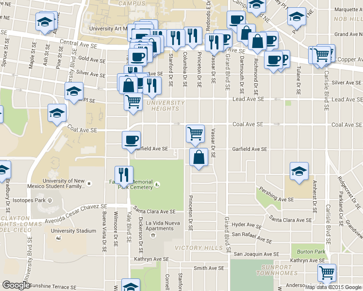 map of restaurants, bars, coffee shops, grocery stores, and more near 414 Columbia Drive Southeast in Albuquerque