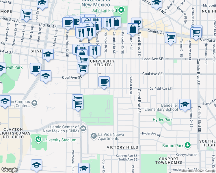 map of restaurants, bars, coffee shops, grocery stores, and more near 415 Stanford Drive Southeast in Albuquerque