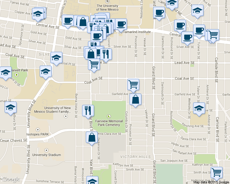 map of restaurants, bars, coffee shops, grocery stores, and more near 415 Stanford Drive Southeast in Albuquerque