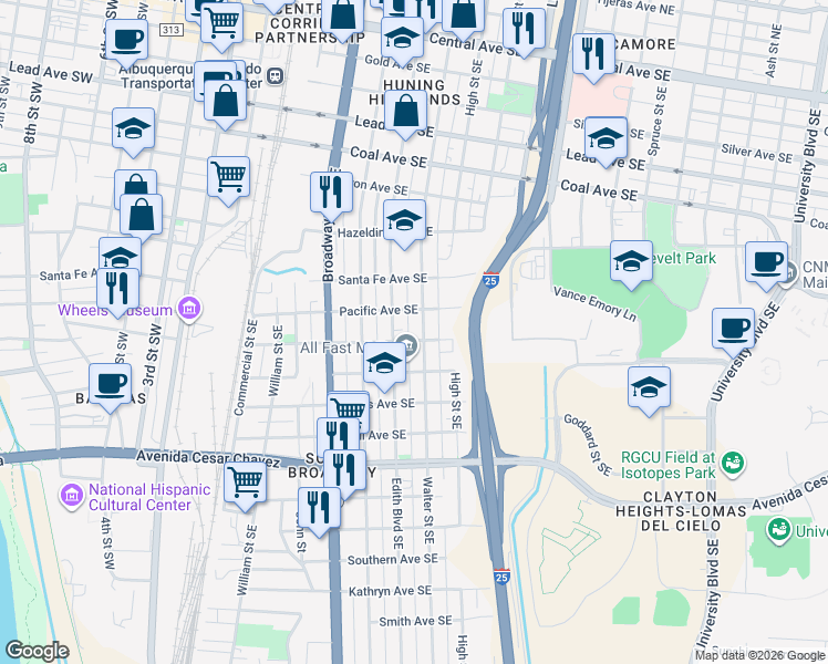 map of restaurants, bars, coffee shops, grocery stores, and more near 518 Pacific Avenue Southeast in Albuquerque