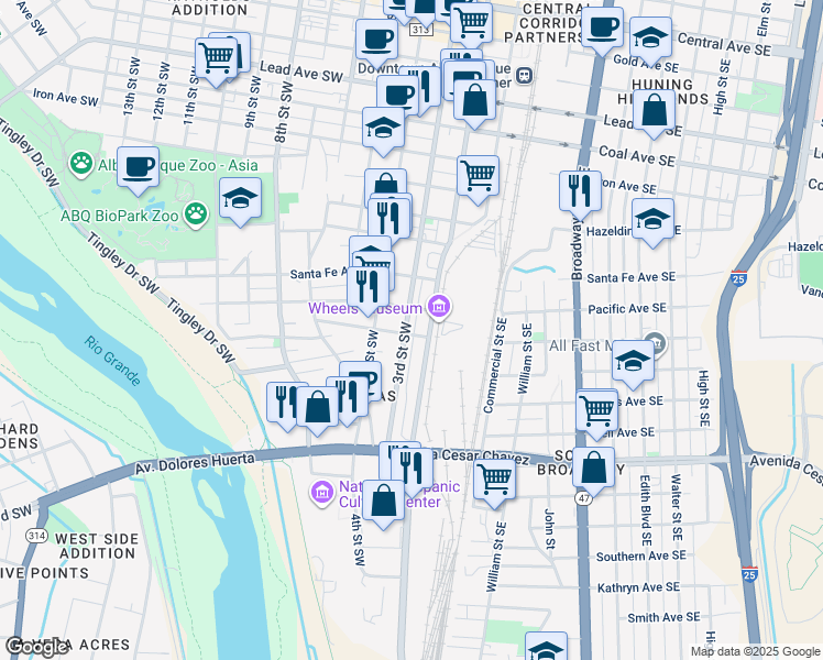 map of restaurants, bars, coffee shops, grocery stores, and more near 1101 2nd Street Southwest in Albuquerque