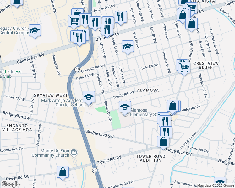 map of restaurants, bars, coffee shops, grocery stores, and more near 433 Merlida Street Southwest in Albuquerque