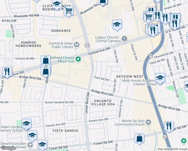 map of restaurants, bars, coffee shops, grocery stores, and more near 309 Gary Lane Southwest in Albuquerque