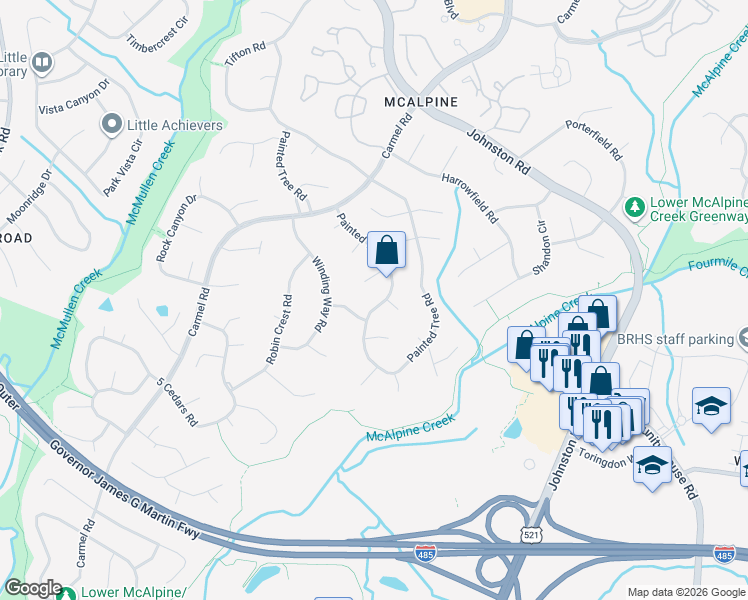 map of restaurants, bars, coffee shops, grocery stores, and more near 12011 Painted Tree Road in Charlotte
