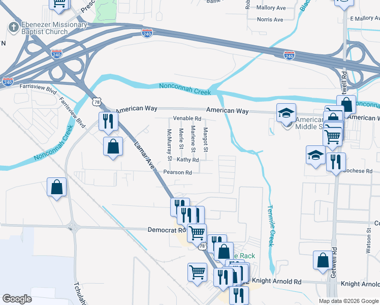 map of restaurants, bars, coffee shops, grocery stores, and more near 2727 Marlene Street in Memphis