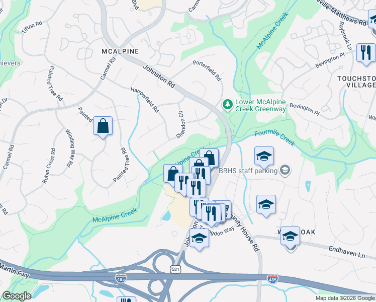 map of restaurants, bars, coffee shops, grocery stores, and more near 12007 Johnston Road in Charlotte