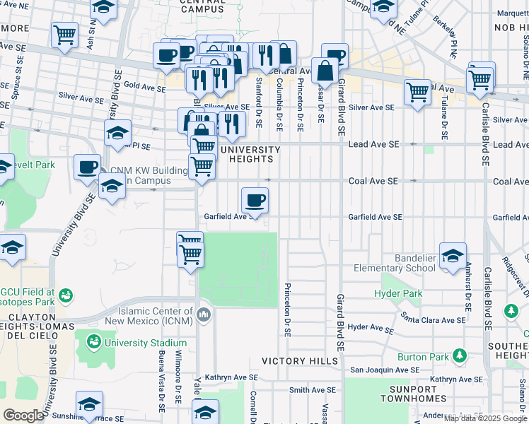 map of restaurants, bars, coffee shops, grocery stores, and more near 415 Stanford Drive Southeast in Albuquerque