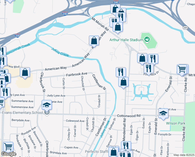 map of restaurants, bars, coffee shops, grocery stores, and more near 2746 Castleman Street in Memphis