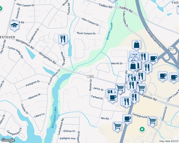 map of restaurants, bars, coffee shops, grocery stores, and more near 5430 Basking Ridge Drive in Fayetteville