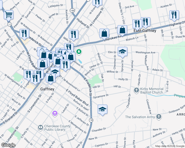 map of restaurants, bars, coffee shops, grocery stores, and more near 306 Beech Street in Gaffney