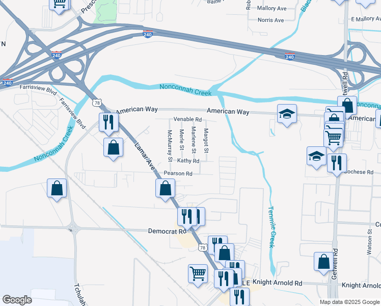 map of restaurants, bars, coffee shops, grocery stores, and more near 2727 Marlene Street in Memphis